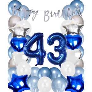 Snoes Ballonnen 43 Jaar Set Mega Blauw Zilver Ballon - Compleet Feestpakket Cijferballon 43 Jaar - Verjaardag Versiering Slinger Happy Birthday – Folieballon – Latex Ballonnen - Helium Ballonnen