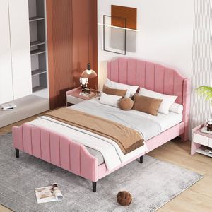Sweiko 140 x 200 cm Gewatteerd Bed met hoofdeinde en plat frame, Roze fluwelen gewatteerd jeugdbed tweepersoonsbed
