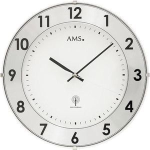 AMS F5948 - Wandklok - Analoog - Radiogestuurde tijdsaanduiding - Kunststof - Aluminium - Mineraal Glas - Zilverkleurig - Wit - Zwart