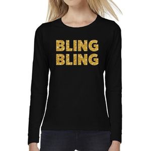 Bling Bling goud glitter tekst t-shirt long sleeve zwart voor dames- zwart Bling Blingshirt met lange mouwen voor dames XS