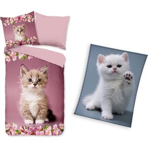 Dekbedovertrek Poesje- kitten- roze- 140x200/220cm- katoen- incl. groot kitten fleece deken 150x200cm!