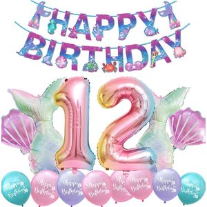 Snoes - Cijfer Folie Ballon - 12 Jaar Ballon - Zeemeermin Mermaid Mega pakket inclusief Slinger - Verjaardag - Meisje - Birthday Girl - Happy Birthday - Verjaardag 12 Jaar