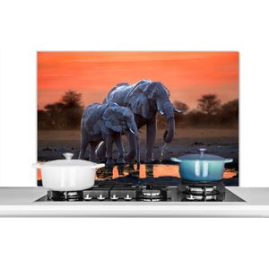 Spatscherm keuken 100x65 cm - Kookplaat achterwand Olifant - Dieren - Zonsondergang - Water - Oranje - Muurbeschermer - Spatwand fornuis - Hoogwaardig aluminium