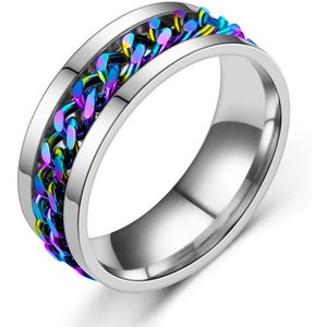 Fidget Ring Zilver - Regenboog (Maat 70 - 22 mm - 22.3 mm) - Anxiety Ring - Angst Ring - Duim Ring - Biker Ring - Stress Ring Heren / Dames - Spinning Ring - Draai Ring - Zilver Roestvrij Staal - Spinner Ring