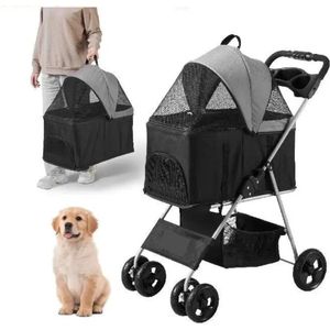 MiShar Hondenbuggy Grijs Inklapbare - 97x46x102cm max 16 kg - Honden Wandelwagen - Honden Kar - Hondenbuggy Comfort - 4 Wieler