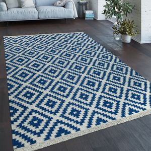 Paco Home Vloerkleed Modern Marokkaans Patroon Handgeweven Scandinavisch Ruiten Franje Blauw Wit 80x150 cm