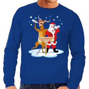 Foute kersttrui / sweater dronken kerstman en rendier Rudolf na kerstborrel/ feest blauw voor heren - Kersttruien XL