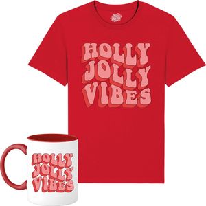 Holly Jolly Vibes - Foute Kersttrui Kerstcadeau - Dames / Heren / Unisex Kleding - Grappige Kerst Outfit - T-Shirt met mok - Unisex - Rood - Maat 3XL