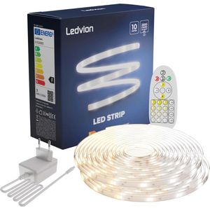 Ledvion Dimbare LED-strip 10M, 3000K-6500K, 24V, 24W, Plug & Play, Incl. afstandsbediening, Instelbare kleurtemperatuur, 60 LED's/m, ingekort tot 20cm, 2 jaar garantie, Zonder 2 AAA-batterijen