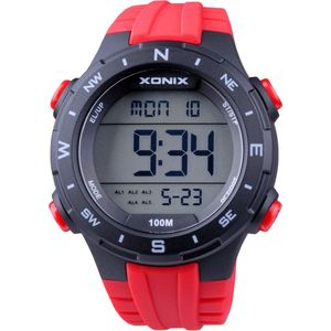 Xonix DAX-A02 - Horloge - Digitaal - Heren - Mannen - Rond - Siliconen band - LCD - ABS - Cijfers - Achtergrondverlichting - Alarm - Start-Stop - Chronograaf - Tweede tijdzone - Waterdicht - 10 ATM - Rood - Zwart