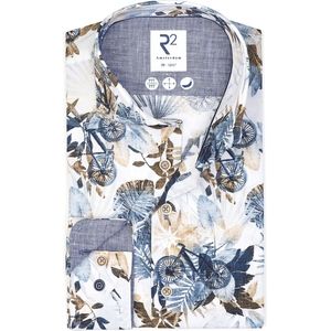 R2 Amsterdam - Overhemd Extra Lange Mouwen Botanische Print Fiets Blauw - Heren - Maat 40 - Modern-fit