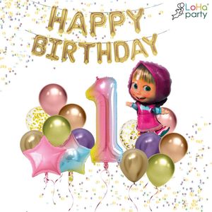 LoHa party® Masha en de beer Thema Folie ballonnen set-XXL folie ballon cijfer 1-ster folie ballon-roze-kleurijke-regenboog-Helium ballonnen-Slinger-Verjaardag versiering-feestpakket-Verjaardag decotatie-Regenboog ballonnen-40inch