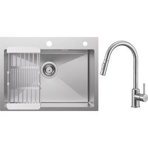 CECIPA max Spoelbak Keuken 60x45cm - Spoelbakken Met Keukenkraan Met Uittrekbare Uitloop - Multifunctionele Spoelbak Keuken van roestvrij staal - Spoelbakken met Afdruip - Zilver