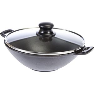 Wok met deksel - stoomrooster - stokjes - gietijzer - 24 cm - inductiekookplaten - zwart