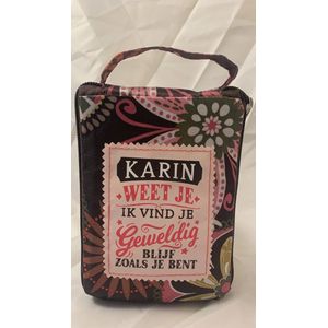 Shopper bag dames met leuke tekst KARIN WEET JE IK VIND JE GEWELDIG BLIJF ZOALS JE BENT winkeltasje Wordt geleverd in cellofaan met linten