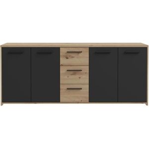 PILVI dressoir - Eigentijdse stijl - Melaminedeeltjes - Artisanaal eiken en zwart decor - 4 deuren + 3 laden - L179,2 x D42 x H74,5 cm