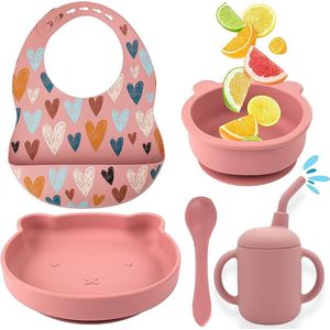 Kinderservies set met zuignap - babybord met zuignap + anti-slip kom + lepel en slabbetje van siliconen + drinkbeker baby - BPA-vrij - babybord met zuignap