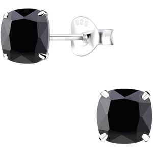 Joy|S - Zilveren vierkant oorbellen - 6 mm - cushion - zwart zirkonia