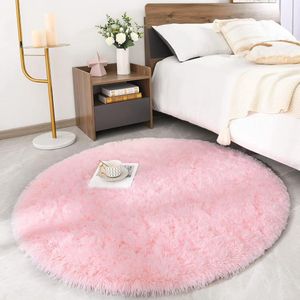 Rond pluizig vloerkleed roze Ø120 shaggy tapijt slaapkamer woonkamer bank modern decor vloerkleed