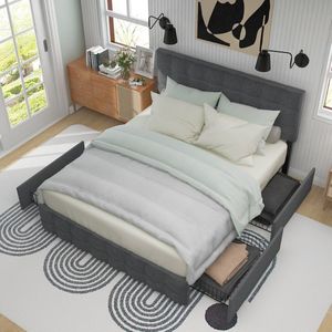 Sweiko Gestoffeerd bed met 4-laden, tweepersoonsbed met lattenbod, opbergbed, in hoogte verstelbaar hoofdeinde, vierkant naaiontwerp, metalen lattensteun, linnenmateriaal (140*200 cm, Grijs)