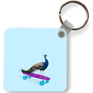 Sleutelhanger - Uitdeelcadeautjes - Pauw - Blauw - Skateboard - Dieren - Grappig - Plastic