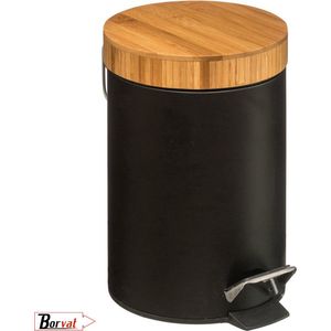 Borvat® | Stijlvolle prullenbak met bamboe deksel | Zwart / hout | Klein formaat | 3L | badkamer / wc / keuken / kantoor prullenbak