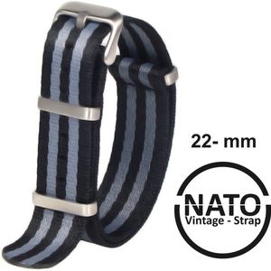 22mm Nato Strap Zwart met Grijze Strepen - Vintage James Bond - Nato Strap collectie - Mannen - Horlogebanden - 22 mm bandbreedte
