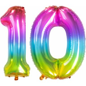 Folat Folie ballonnen - 10 jaar cijfer - glimmend multi-kleuren - 86 cm - leeftijd feestartikelen