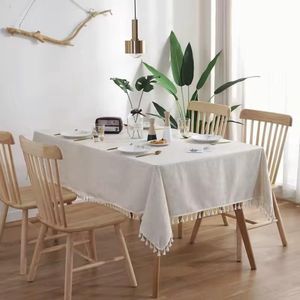 Tafelkleed beige 260 x 140 cm - tafelkleed gebroken wit katoen - tafellaken met franjes