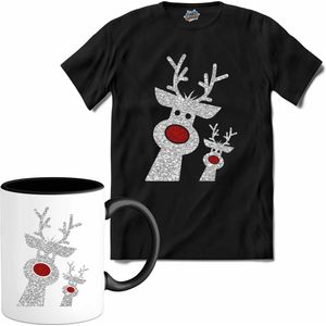 Kerst rendier buddy's glitter - T-Shirt met mok - Heren - Zwart - Maat 3XL