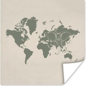 Poster Wereldkaart - Olifant - Grijs - 100x100 cm XXL