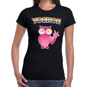 Yoehoe gay pride knipogende roze uil t-shirt zwart met regenboog tekst voor dames -  Gay pride/LGBT kleding XL