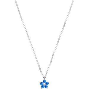 Lucardi Dames Stalen ketting bloem met zirkonia blue topaz - Ketting - Staal - Zilverkleurig - 47 cm