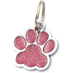 Grote sleutelhanger hondenpootje zilverkleurig metaal met roze glitter 4x4 cm met ring
