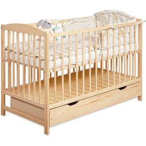2-in-1 Babybed met Lade en Verstelbare Hoogte - Om te bouwen tot Juniorbed - Spijlenbed voor Jongens en Meisjes - Bruin 60x120