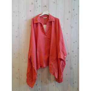 Oversized Linnen blouse met lange mouwen - krag en V-hals - voor steek zakken - kleur Terracotta