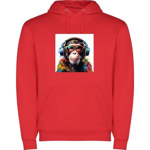 Rode unisex hoodie met “ Kleurrijke Chimpansee met Bril en Koptelefoon“ Print Full merk Roly maat 128 7/8 jaar