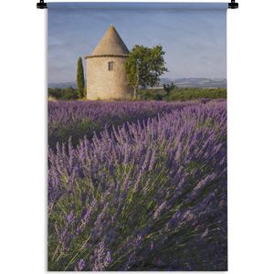 Wandkleed Lavendel  - Ronde toren bij lavendelveld in Frankrijk Wandkleed katoen 90x135 cm - Wandtapijt met foto