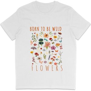 Grappig Dames Heren T Shirt - Born To Be Wild Bloemen Print en Tekst - Wit - XXL