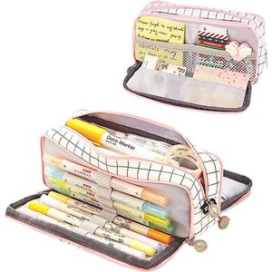 Grote etui voor meisjes jongens, grote capaciteit etui met 3 compartimenten pennenzak houder briefpapier organizer make-up tas voor kinderen vrouwen mannen tieners studenten wit en roze