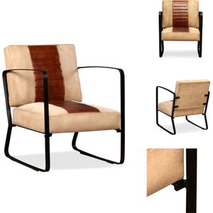 vidaXL Industriële Loungestoel - Bruin/Crème - 60 x 64 x 74 cm - Geitenleer/Canvas/Staal - Fauteuil