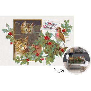 Kerst Tafelkleed - Kerstmis Decoratie - Tafellaken - 220x150 cm - Kerst - Katten - Vogel - Kerstmis Versiering