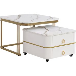 Merax Stapelbare Salontafel met Hoogglans Marmoroptiek en Gouden Accenten - Set van 2 met Lades