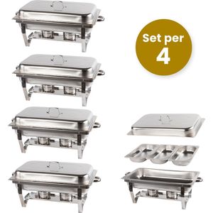 Alora Chafing Dish chrome 3 bakken per 4 - voedsel verwamer - voedsel warmhouden - met deksel - buffetwarmer - roestvrij staal - chrome - warmhoudplaat - bain maria - warmhoudbakken - Warmhoudschalen