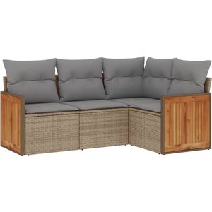 The Living Store 4-delige Loungeset met kussens poly rattan beige - Loungebank - Tuinset - Lounge Set - Buitendecoratie - Tuinmeubels