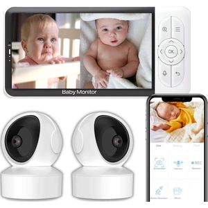 iNeedy Apy 2024 Babyfoon 2 camera's en app - Babyfoons - Baby monitor - white noise machine - Splitscreen - 5 Inch
