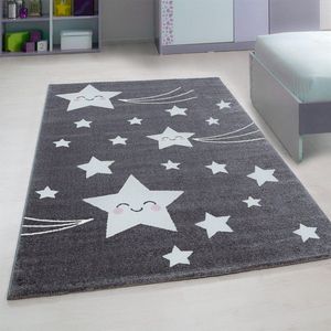 Kindertapijt Blije Sterretjes Grijs Vloerkleed - 80x150- Kinderkamer - Babykamer - Baby - Kids - Jongens en Meisjes - Kinderen