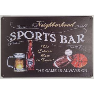 Sports Bar Game is always On Reclamebord van metaal METALEN-WANDBORD - MUURPLAAT - VINTAGE - RETRO - HORECA- BORD-WANDDECORATIE -TEKSTBORD - DECORATIEBORD - RECLAMEPLAAT - WANDPLAAT - NOSTALGIE -CAFE- BAR -MANCAVE- KROEG- MAN CAVE