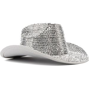 KIMU Cowboyhoed Zilver Strass Steentjes - Cowgirl Western Hoed Zilveren - Stoere Cowboy Diamantjes Glitter Dames Vrijgezellenfeest Festival