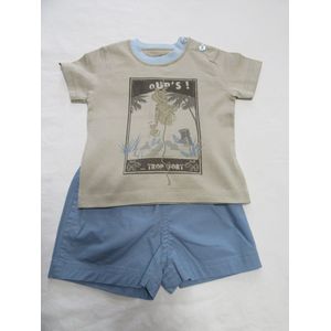 petit bateau , kledingset ,jongen, tshirt, beige + shortje blauw , 74 - 12 maand